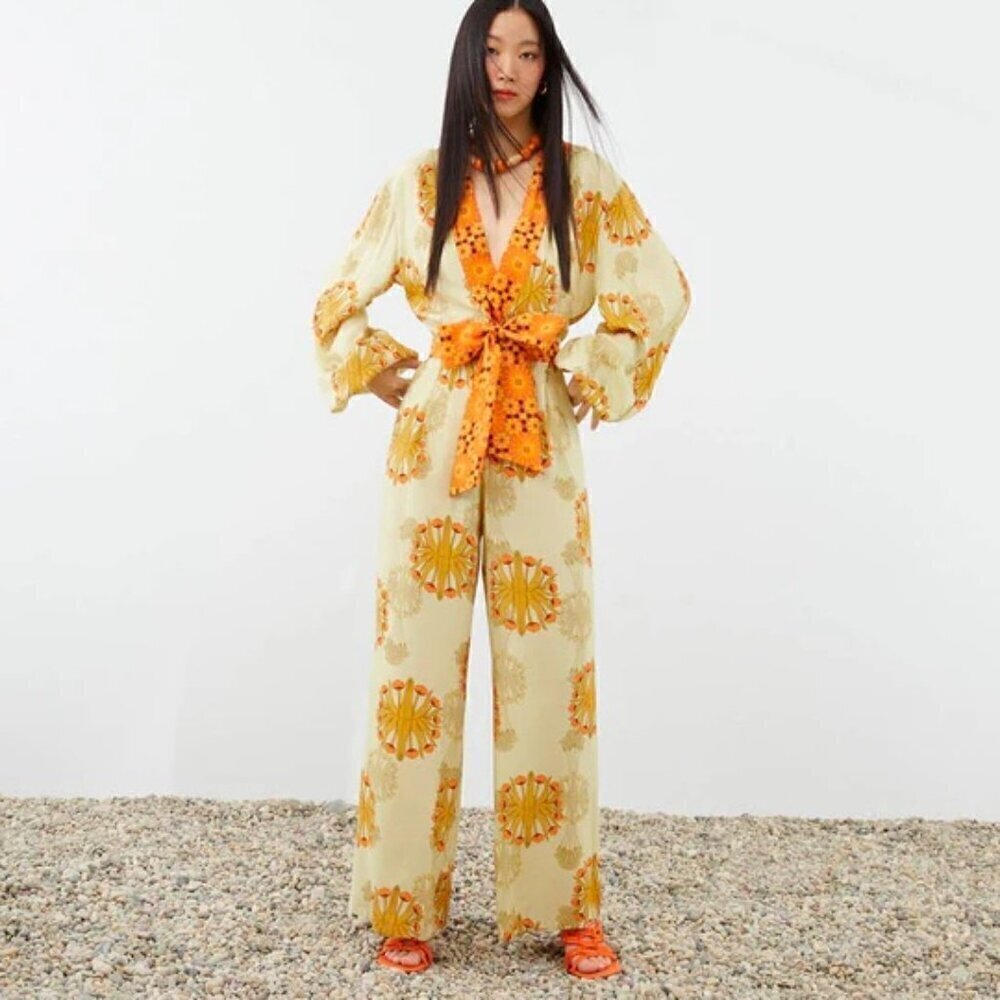 NEW Nocturne Armonioso Cream Floral Wide Leg Jumpsuit 36 / S